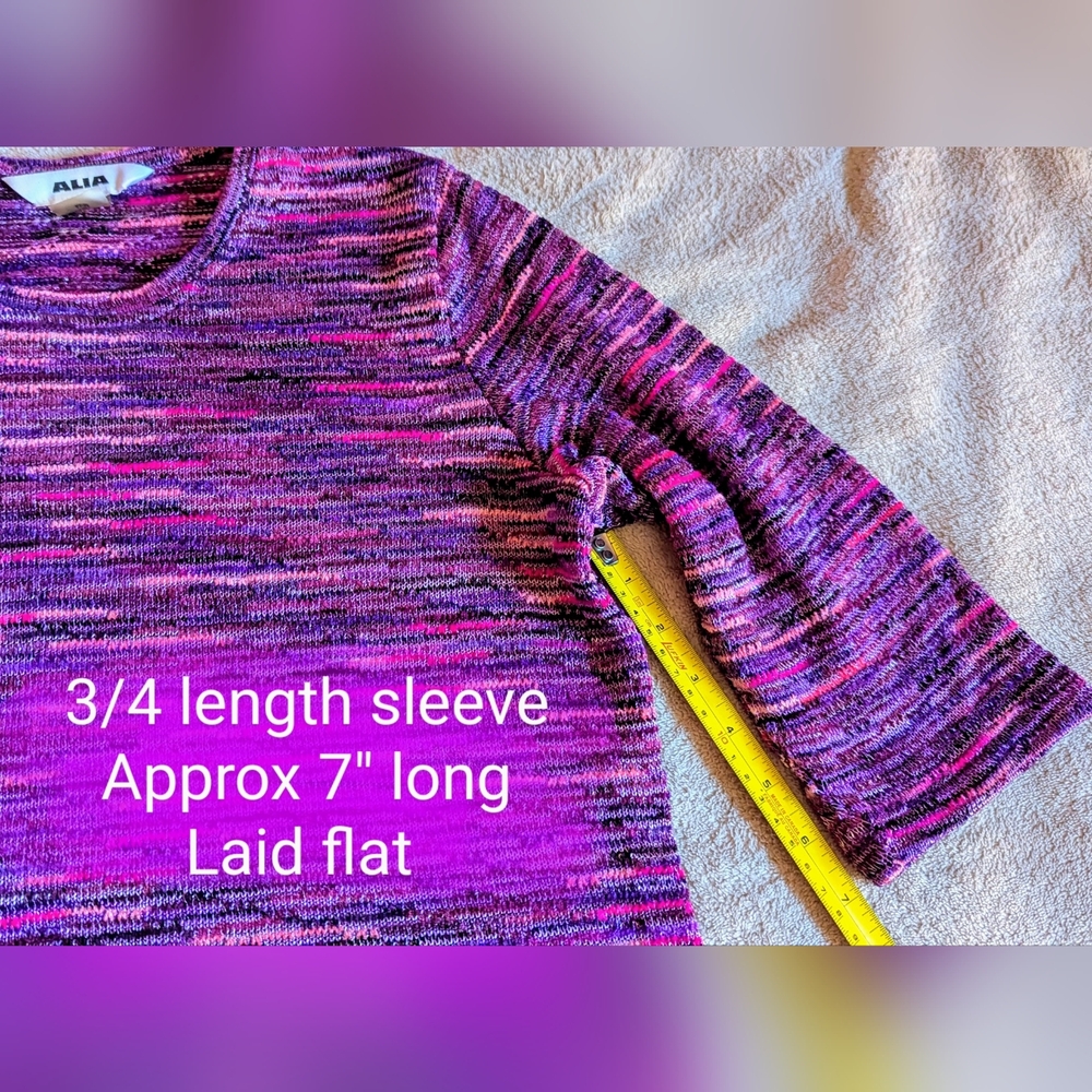 Alia size Med ladies EUC 3/4 Sleeve pullover, purple, pink knitted style pattern - Picture 7 of 11